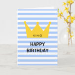 Classic King Happy Birthday Yellow Crown Custom Ca Card<br><div class="desc">This lovely chic minimal style birthday card featuring a yellow crown with the custom text of king and a custom text of happy birthday on white and blue stripe pattern background is a nice choice for sending a birthday greeting to your special one such as your grandpa, dad, husband, boyfriend...</div>