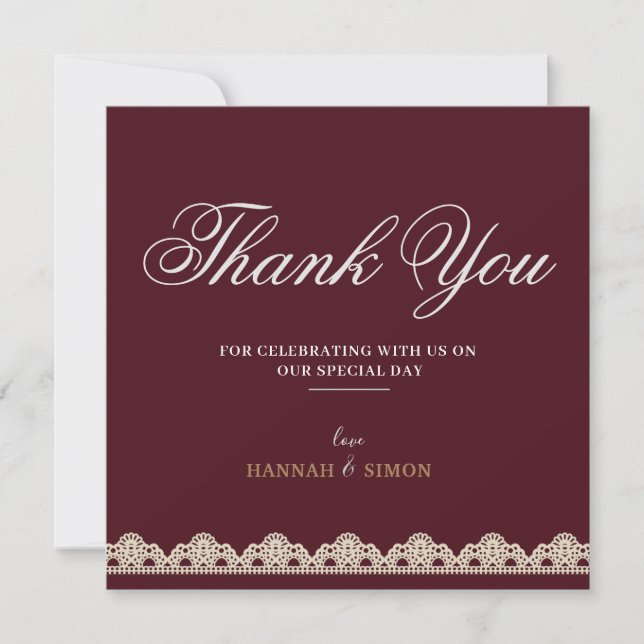 Classic Lace Minimalist Burgundy Thank You Card (Front)