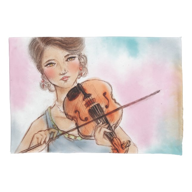 Classic Lady Playing Violin, Elegant Vintage Art Pillowcase (Front)