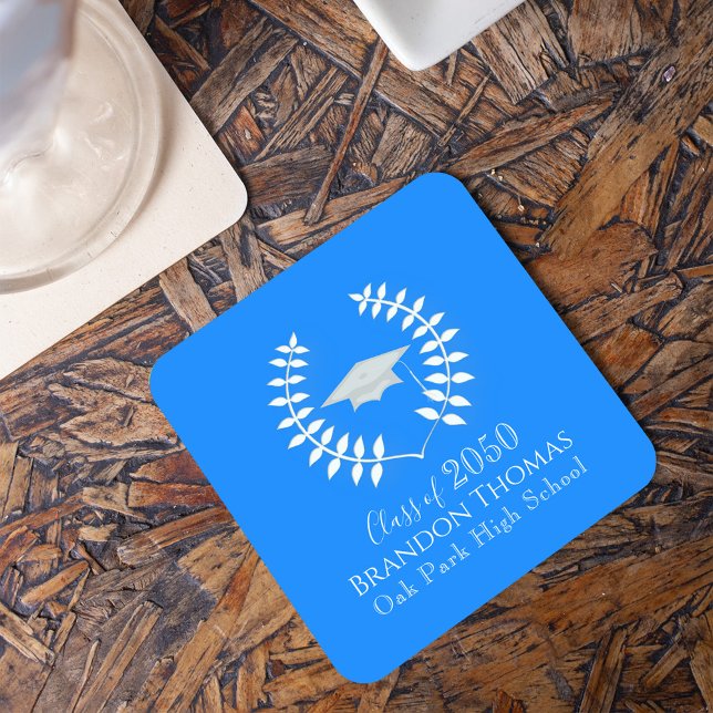 Classic Laurel Graduation Party Custom Square Paper Coaster (Blue (Azure) Laurel leaf classic graduation party paper coaster. )