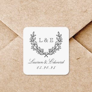 Classic Laurel Wedding Initial Monogram Square Sticker