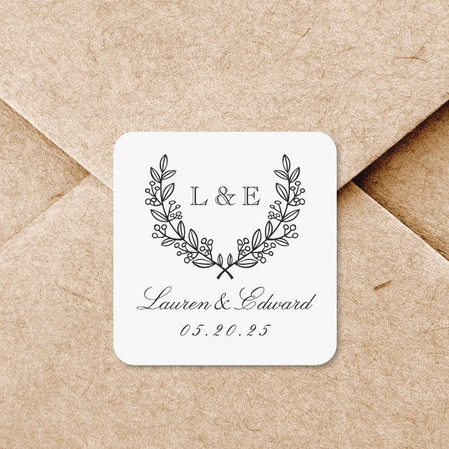 Classic Laurel Wedding Initial Monogram Square Sticker (Creator Uploaded)