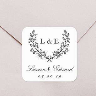 Classic Laurel Wedding Initial Monogram Square Sticker