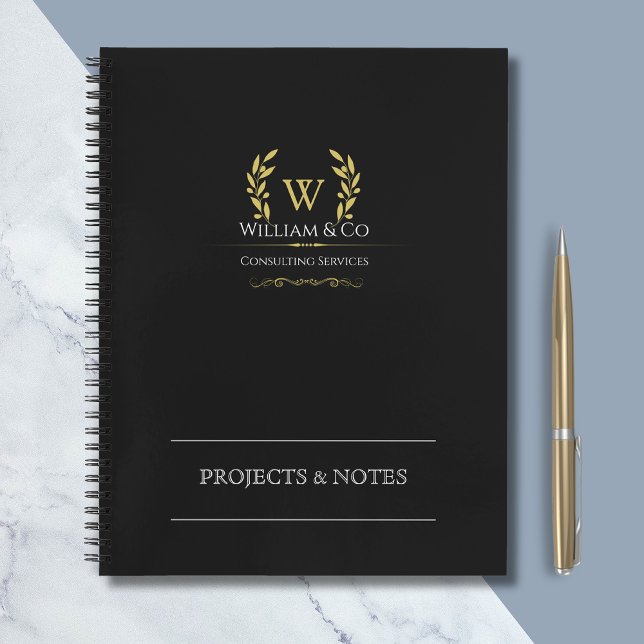 Classic Laurel Wreath Black Gold Monogram Business Notebook (Creator Uploaded)