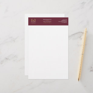 Classic Laurel Wreath Burgundy Gold Monogram Stationery