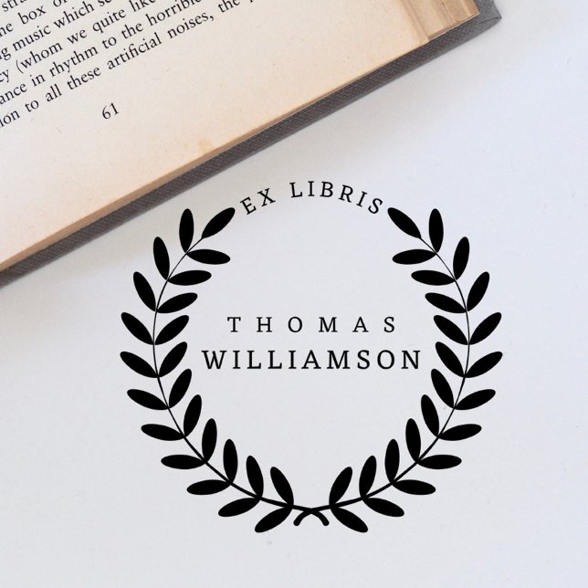 Classic Laurel Wreath Custom Name Ex Libris Book Rubber Stamp (Creator Uploaded)