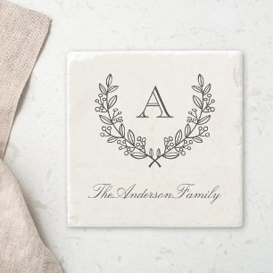 Classic Laurel Wreath Family Name Monogram Stone Coaster