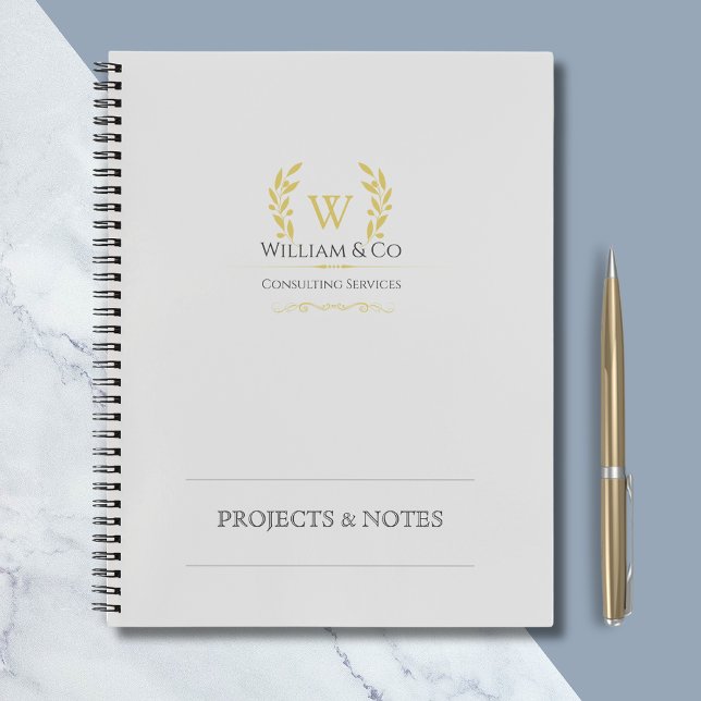 Classic Laurel Wreath Grey Gold Monogram Business Notebook (Creator Uploaded)