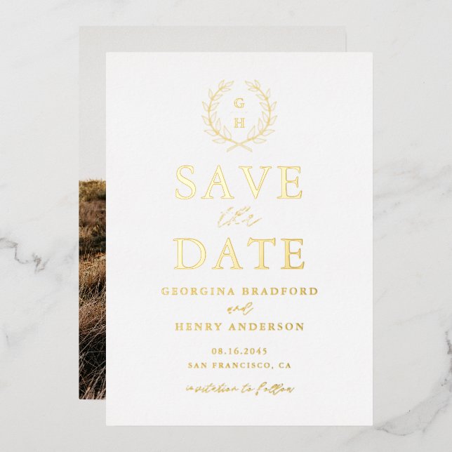 Classic Laurel Wreath Monogram Save the Date (Front/Back)