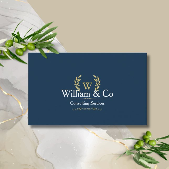 Classic Laurel Wreath Navy Blue Gold Monogram Business Card (Creator Uploaded)