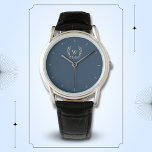 Classic Laurel Wreath Navy Blue Gold Monogram Watch<br><div class="desc">A classic laurel wreath design in black and gold,  giving a perfect mix of charm and elegance.
The monogram adds a special touch.
Ideal as a personalised gift for family and friends</div>