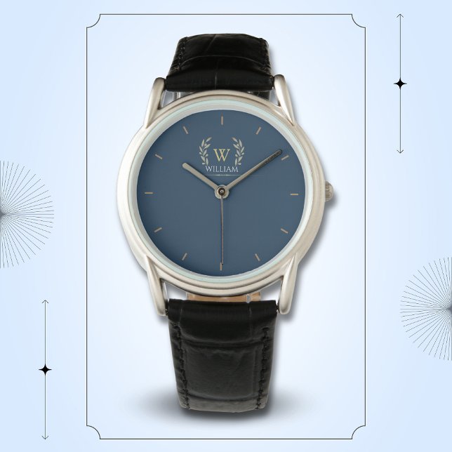Classic Laurel Wreath Navy Blue Gold Monogram Watch (Creator Uploaded)