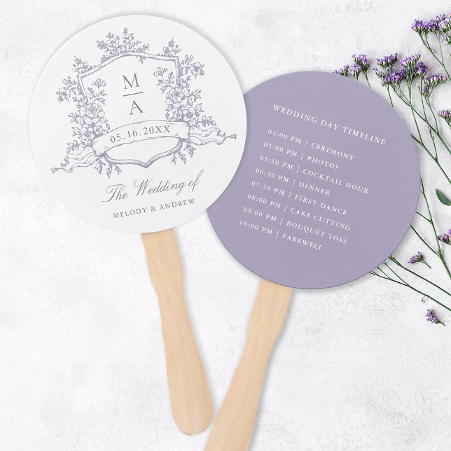 Classic Lavender Crest Wedding Ceremony Timeline Hand Fan (Front & Back)