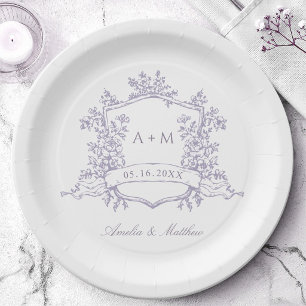 Classic Lavender Floral Crest Monogram Wedding Paper Plate