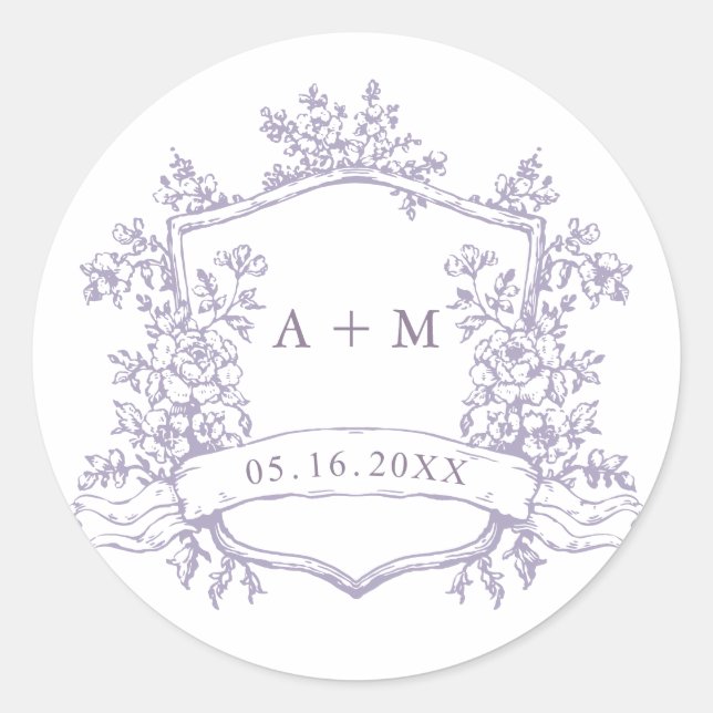 Classic Lavender Floral Crest Monograms Round Sticker (Front)