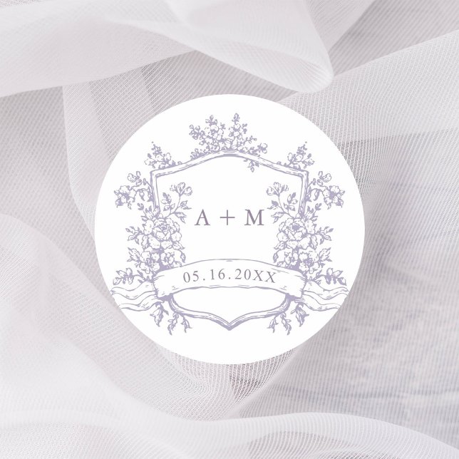 Classic Lavender Floral Crest Monograms Round Sticker (Creator Uploaded)