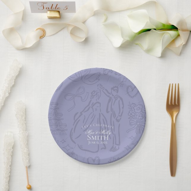 Classic Lavender Hand Drawn Wedding Sketch Art  Paper Plate (Wedding)