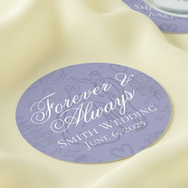 Classic Lavender Hand Drawn Wedding Sketch Art  Round Paper Coaster (Celebrate your special day with these classic hand drawn sketch lavender coasters!)