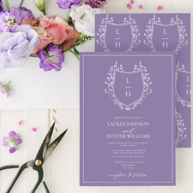 Classic Lavender Wildflower Monogram Crest Wedding Invitation (Creator Uploaded)