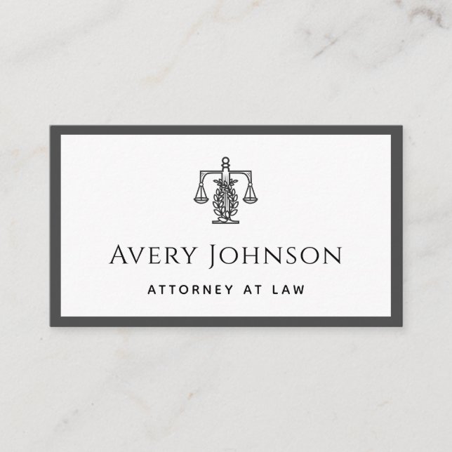 Classic Law Lawyer Scales Logo Grey & White Bold Business Card (Front)