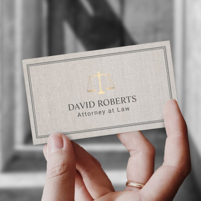 Classic Lawyer Attorney Gold Scale Elegant Linen Business Card (Creator Uploaded)