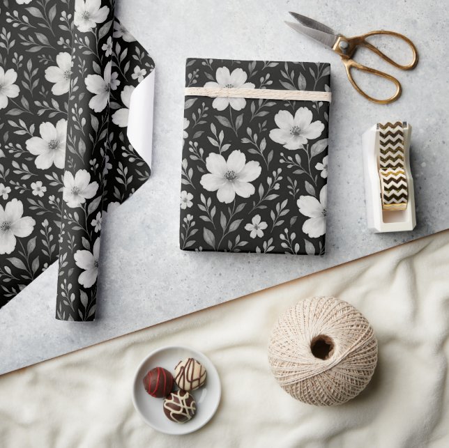 Classic Leaves Floral Art Pattern On Grey Black Wrapping Paper (Crafts)