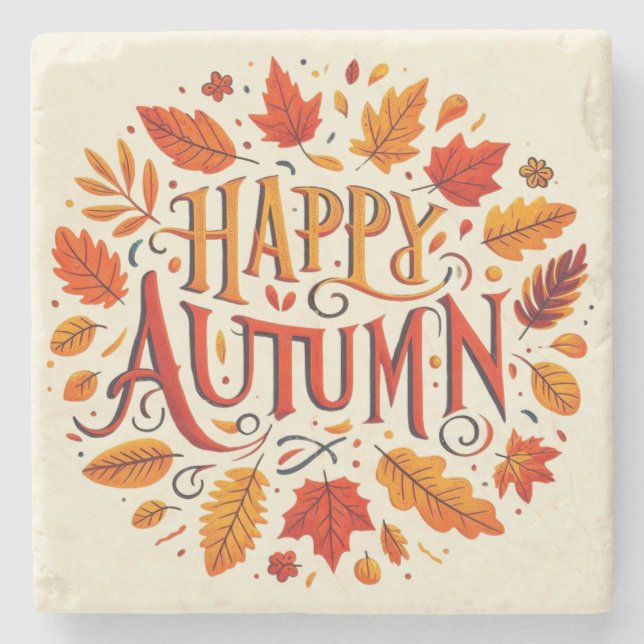 classic leaves & Happy Autumn  Stone Coaster (Front)