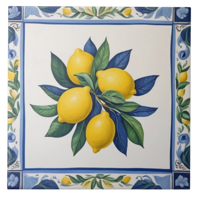 Classic Lemons Blue Green Yellow White Traditional Tile (Front)