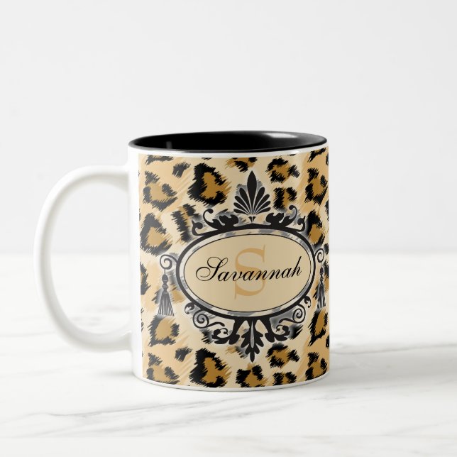 Classic Leopard Pattern Custom Name & Monogram Two-Tone Coffee Mug (Left)