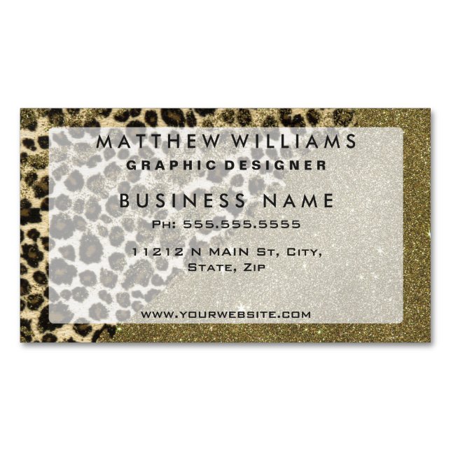 Classic Leopard Print Brushstrokes on Faux Glitter Magnetic Business Card (Front)