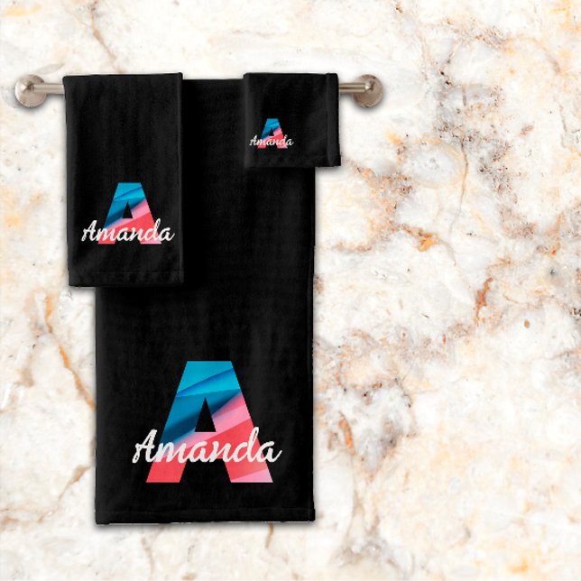 Classic letter A coral blue monogrammed black Bath Towel Set (Creator Uploaded)