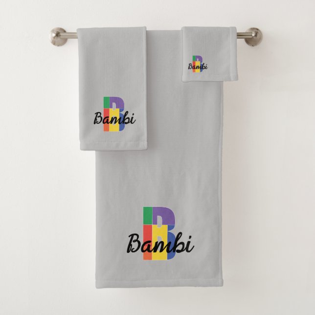 Classic letter B coloured monogrammed grey Bath Towel Set (Insitu)