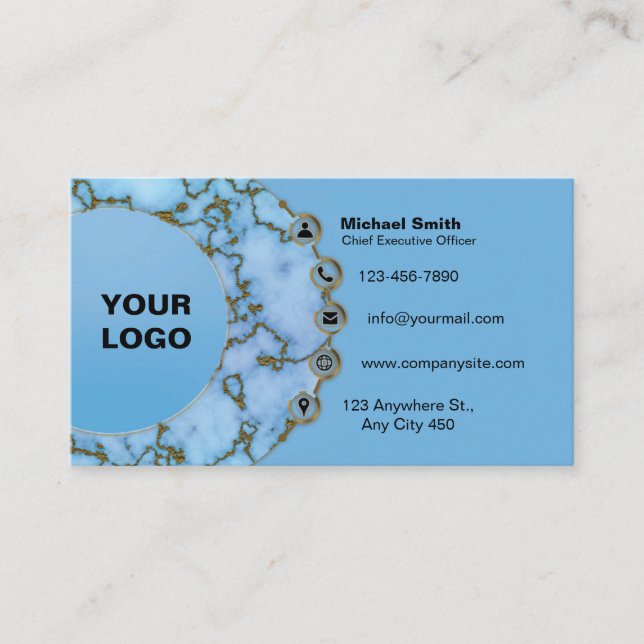 Classic Light Blue 3D Marble Faux Shiny Gold Foil  Business Card (Front)