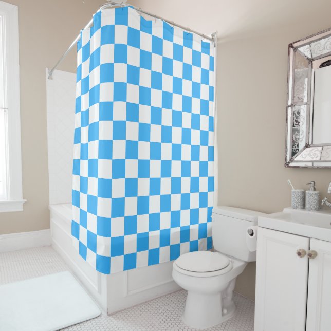 Classic light blue chequerboard  shower curtain (In Situ)