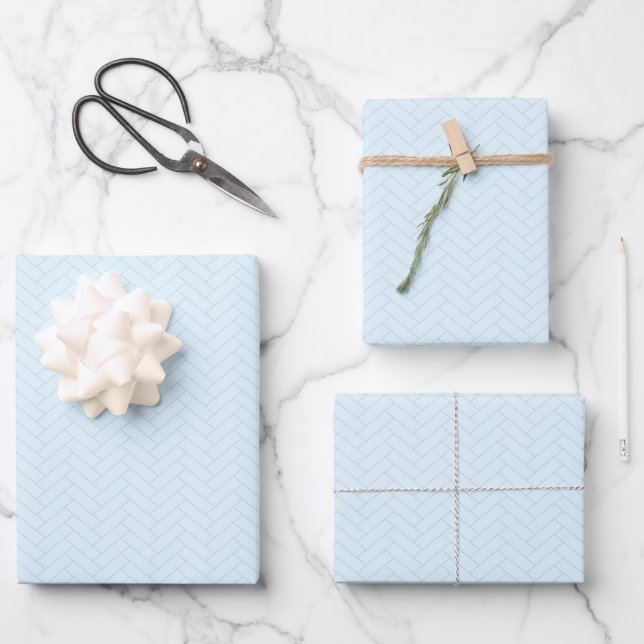 Classic Light Blue Grey Herringbone Pattern Wrapping Paper Sheet (Front)