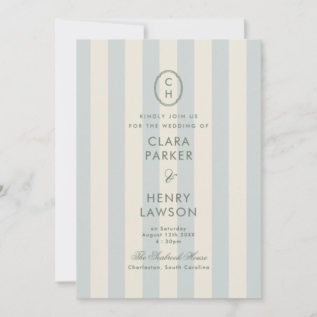 Classic Light Blue Striped Monogram Wedding Invitation (Front)