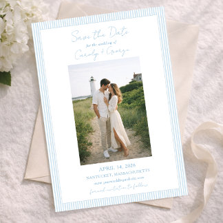 Classic Light Blue Striped Summer Coastal Wedding Save The Date