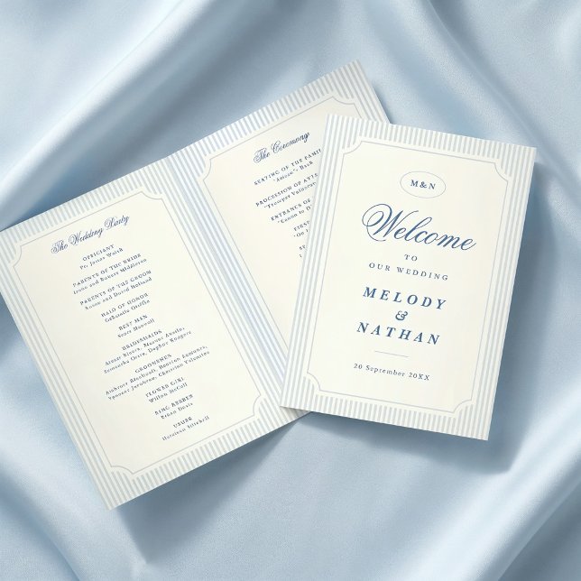 Classic Light Blue Stripes Wedding Folded Paper Programme (classic light blue stripes folded wedding paper program)