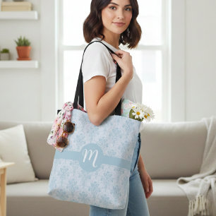 Classic Light Blue Vintage Damask Monogrammed Tote Bag