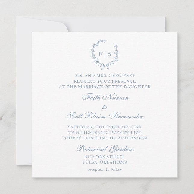 Classic Light Blue Wreath Wedding Invitation (Front)