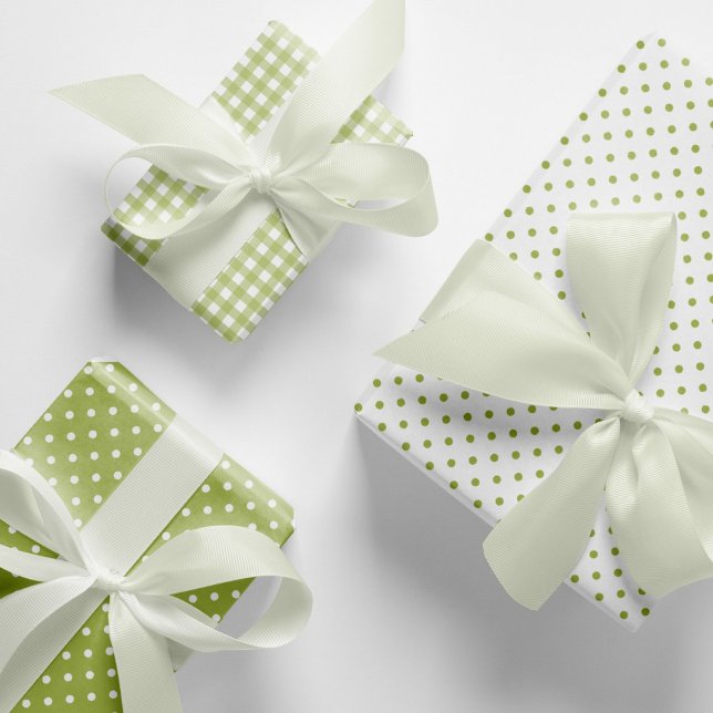 Classic Light Green Polka Dots Gingham Pattern Mix Wrapping Paper Sheet (Elegant, light green polka dots and gingham checks pattern mix and match wrapping paper sheets.)
