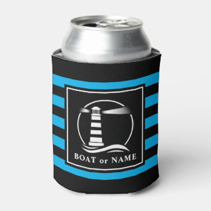 Classic Lighthouse Boat or Name Blue Stripped Can Cooler