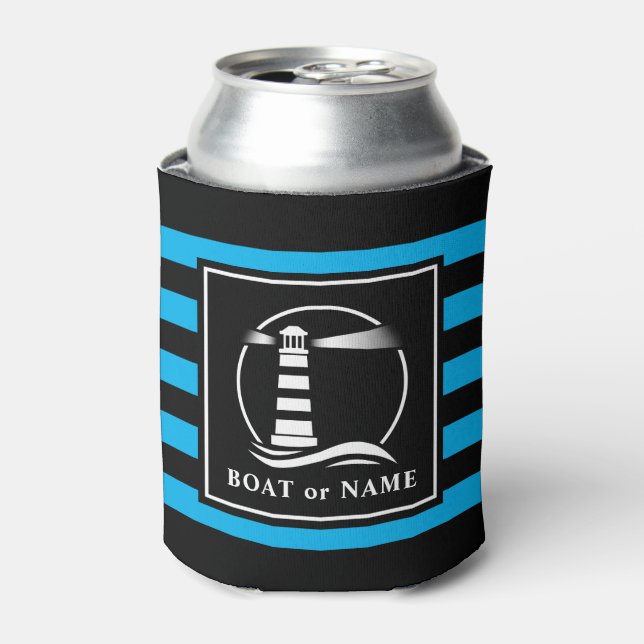 Classic Lighthouse Boat or Name Blue Stripped Can Cooler (Can Front)