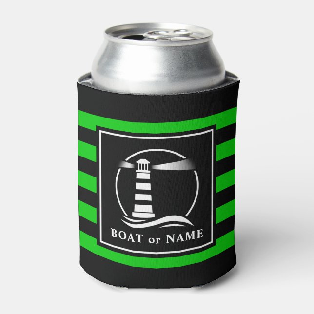 Classic Lighthouse Boat or Name Navy Lime Stripped Can Cooler (Can Front)