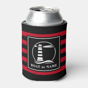 Classic Lighthouse Boat or Name Navy Red Stripped Can Cooler