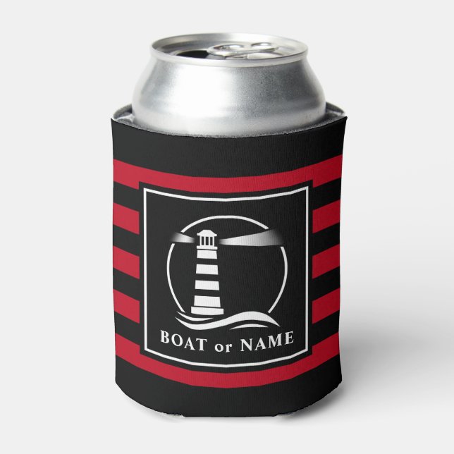 Classic Lighthouse Boat or Name Navy Red Stripped Can Cooler (Can Front)