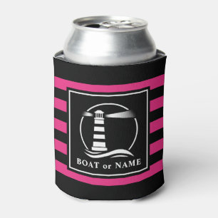 Classic Lighthouse Boat or Name Pink Stripped Can Cooler