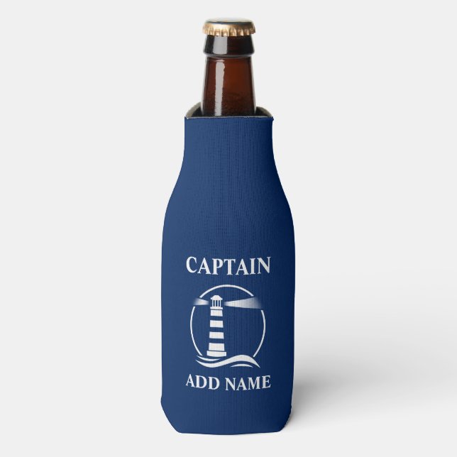 Classic Lighthouse Captain Name or Boat Name Navy Bottle Cooler (Bottle Front)