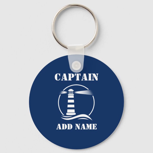 Classic Lighthouse Captain or Boat Name Navy Blue Key Ring (Front)