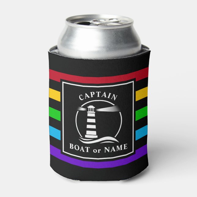 Classic Lighthouse Captain or Boat Name Rainbow Can Cooler (Can Front)